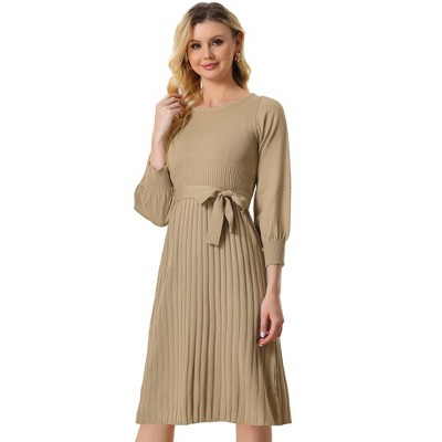 Allegra K Women's Knit Belted Round Neck Lantern Sleeves Casual Pleated Sweater Dresses