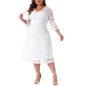 Agnes Orinda Women's Plus Size Wedding Party Lace V-Neck 3/4 Bell Sleeve Midi A-Line Dresses Black - 1 of 4
