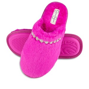 Jessica Simpson Women's Indoor/Outdoor Plush Bejeweled Slip-On Scuff Slippers - 1 of 4