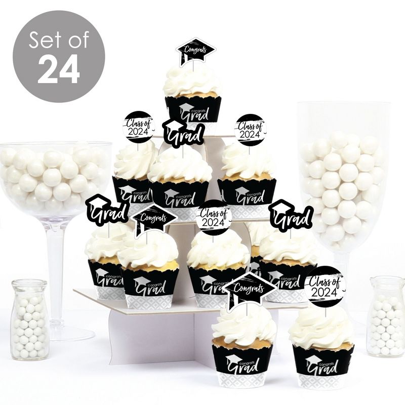 Big Dot of Happiness 2024 Black and White Graduation Cupcake Decoration - Party Cupcake Wrappers and Treat Picks Kit - Set of 24, 2 of 8