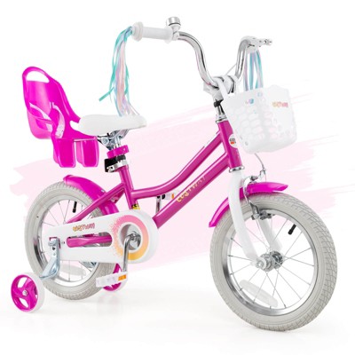 Safstar 14 Inch Kids Bike with Training Wheels, Doll Seat, Basket, Streamers, Hand Brake, Coaster Brake, Height Adjustable Seat & Handlebar