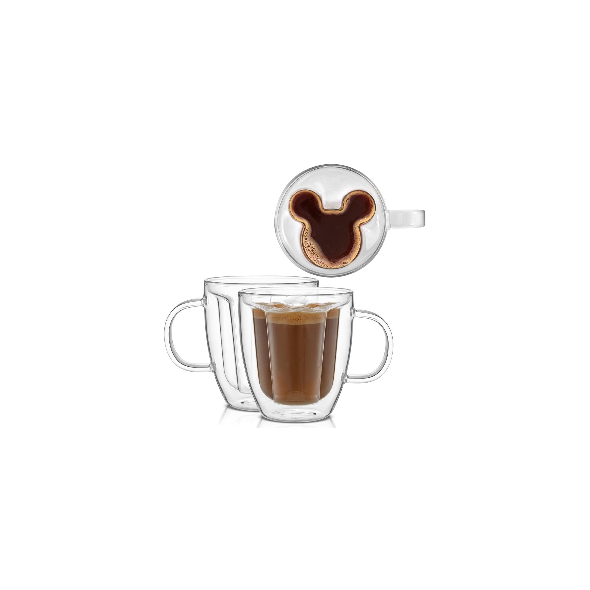 JoyJolt Disney Mickey Mouse 3D Coffee Tea Mugs - Set of 2 Double Wall Glass Coffee Cups - 10 oz