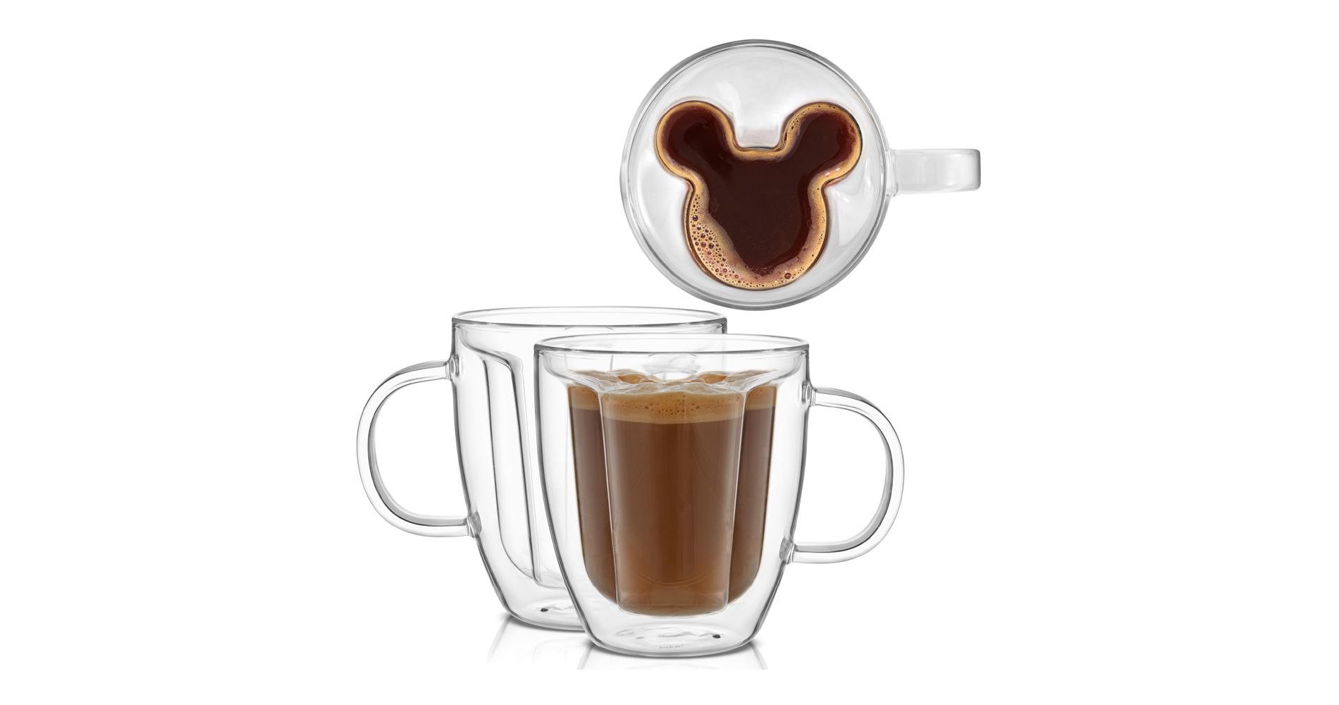 JoyJolt Disney Mickey Mouse 3D Coffee Tea Mugs - Set of 2 Double Wall Glass Coffee Cups - 10 oz