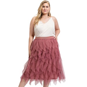 Slickblue Plus Size Ruffled Tulle Midi Skirt for Women, Elastic Waist, Dusty Rose Color, Size XL-2XL - 1 of 4