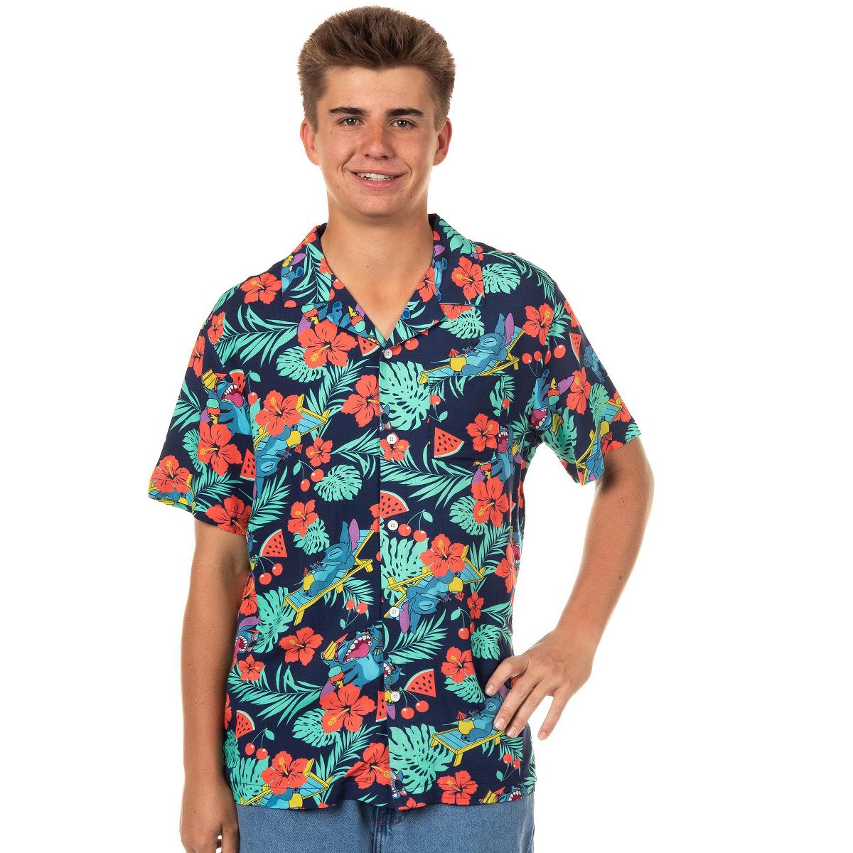 Seven Times Six Disney Lilo and Stitch Men's Hawaiian Shirt Tropical Party Button Up Top Multicolor