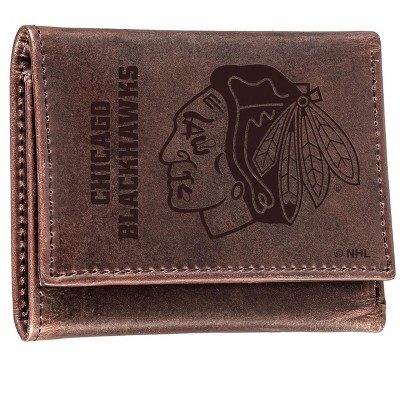 Evergreen NHL Chicago Blackhawks Brown Leather Trifold Wallet Officially Licensed with Gift Box