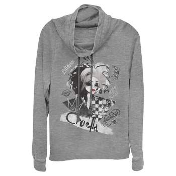 Juniors Womens Cruella Fashion Sketch Cowl Neck Sweatshirt