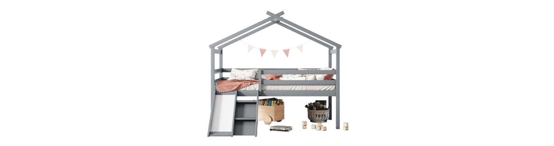 Twin Low Loft House Bed With Slide, Ladder, Safety Guardrails, House Roof Frame, No Spring Box Needed, Bedroom Furniture, Loft Bed For Kids, Grey