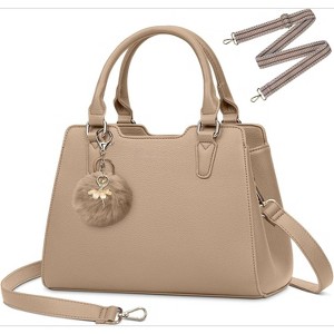 Top-Handle Handbags PU Vegan Leather Satchel Purses for Women with Cute Pom Pom - 1 of 4