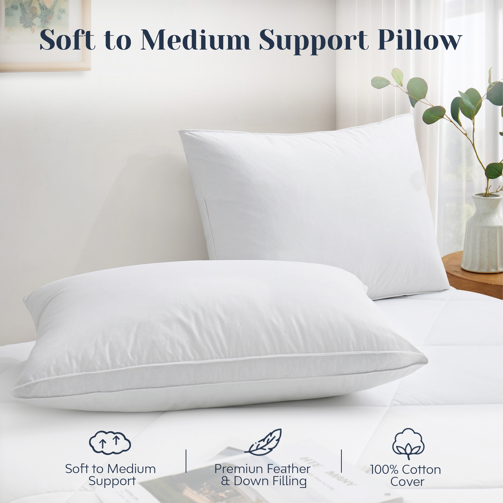 Peace Nest Goose Down Feather Pillows with 100% Cotton Cover Set of 2, White Oval Gusset, Standard