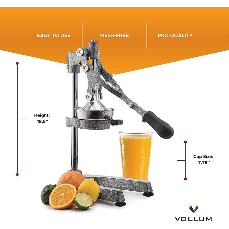 Vollum Manual Fruit Juicer - Commercial Grade, Stainless Steel and Cast Iron - Non-skid Suction Cup Base - 18.5" - Gray, 2 of 7
