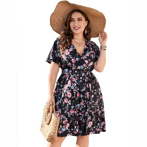 Clearlove Summer Plus Size V Neck Wrap Dress High Waisted Short Sleeves Summer Casual Midi Dress with Belt - 1 of 4