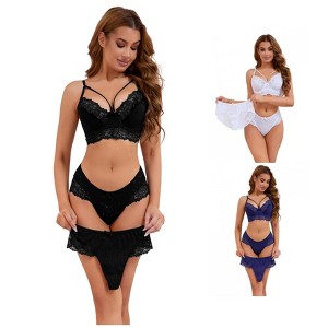 INSPIRE CHIC Women's 3 Sets Cross Straps Full Coverage Bralette and Panty Mesh Floral Lace Underwear Set - 1 of 4