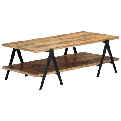 vidaXL Solid Mango Wood Coffee Table with 2 Layers, Powder-Coated Steel Legs, Polished and Lacquered - Rectangular, Industrial-Style, Brown