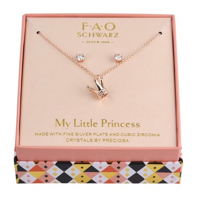 FAO Rose Gold Tone Crown Pendant Necklace and Earring Set