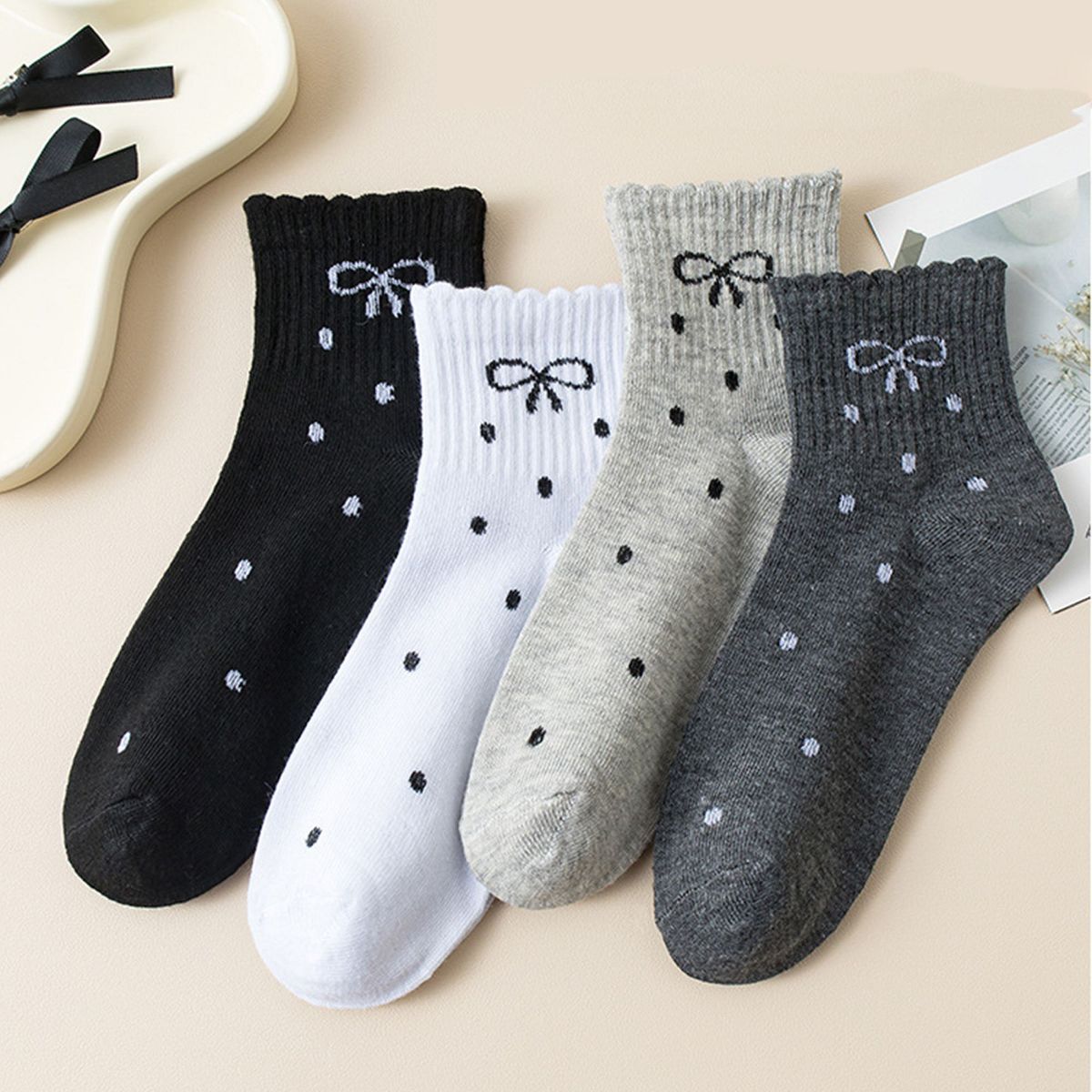 Anna-Kaci Women's Soft Cotton Ankle Socks with Bow Embroidery Polka Dot Design 4 Pairs - thumbnail 6