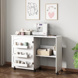 DOMETOUR Folding Sewing Craft Cart&Sewing Cabinet Miscellaneous Sewing Kit Art Desk with Storage Shelves and Lockable Casters, White - 1 of 4