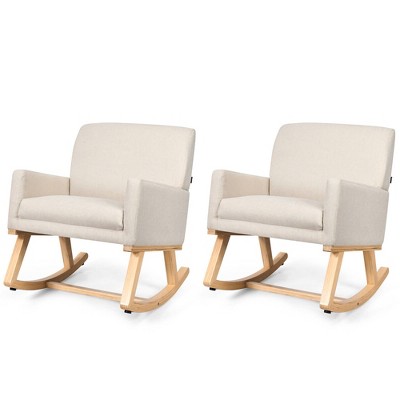 Tangkula Set of 2 Mid Century Fabric Lounge Chair Upholstered Accent Armchair Rocking Chair Beige
