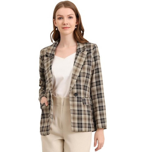 Allegra K Women's Notched Lapel Long Sleeve Flap Pockets Back Vent  One-button Plaid Blazer Brown Black Large : Target