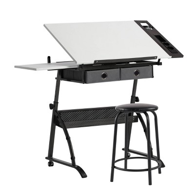 Core Drawing Table & Stool Set, Adjustable Art Desk with Storage, Charcoal Black/White - Studio Designs: Laminate Surface, Metal Frame
