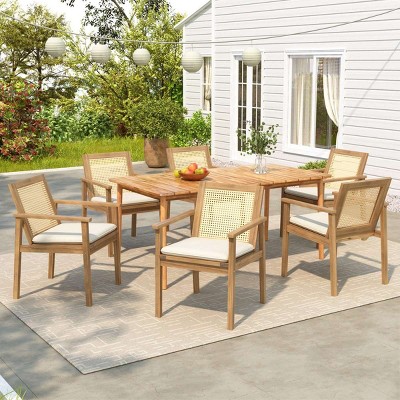 7 Piece Outdoor Dining Set with Cushions,Acacia Wood Patio Dining Set for 6,Rectangular 1 Patio Dining Table and 6 Chairs for Garden-Cuddlewood