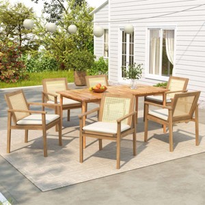7 Piece Outdoor Dining Set with Cushions,Acacia Wood Patio Dining Set for 6,Rectangular 1 Patio Dining Table and 6 Chairs for Garden-Cuddlewood - 1 of 4