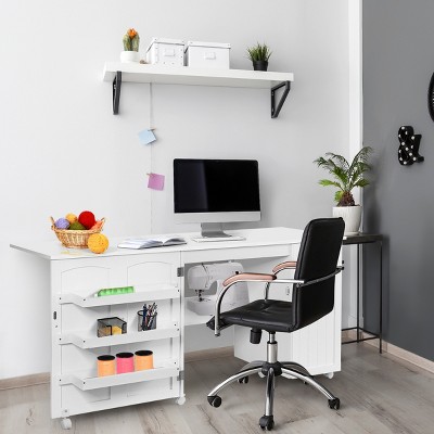 White Folding Sewing Table with Shelves and Wheels