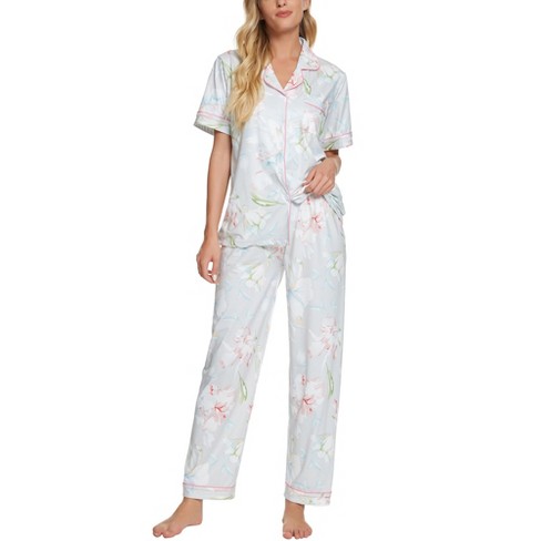 Cheibear Women's Floral Short Sleeve Button Down Sleepwear With Pants 2 ...