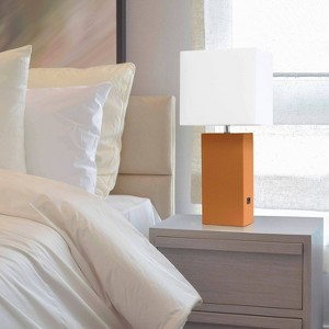 Modern Leather Table Lamp with USB and Fabric Shade - Elegant Designs - 1 of 4