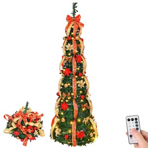 Angel Sar 6FT Pre-lit Pop Up Christmas Tree, Fully Decorated Artificial Xmas Tree with 150 Warm Lights & Ornaments, Holiday Decor for Home Office - 1 of 4