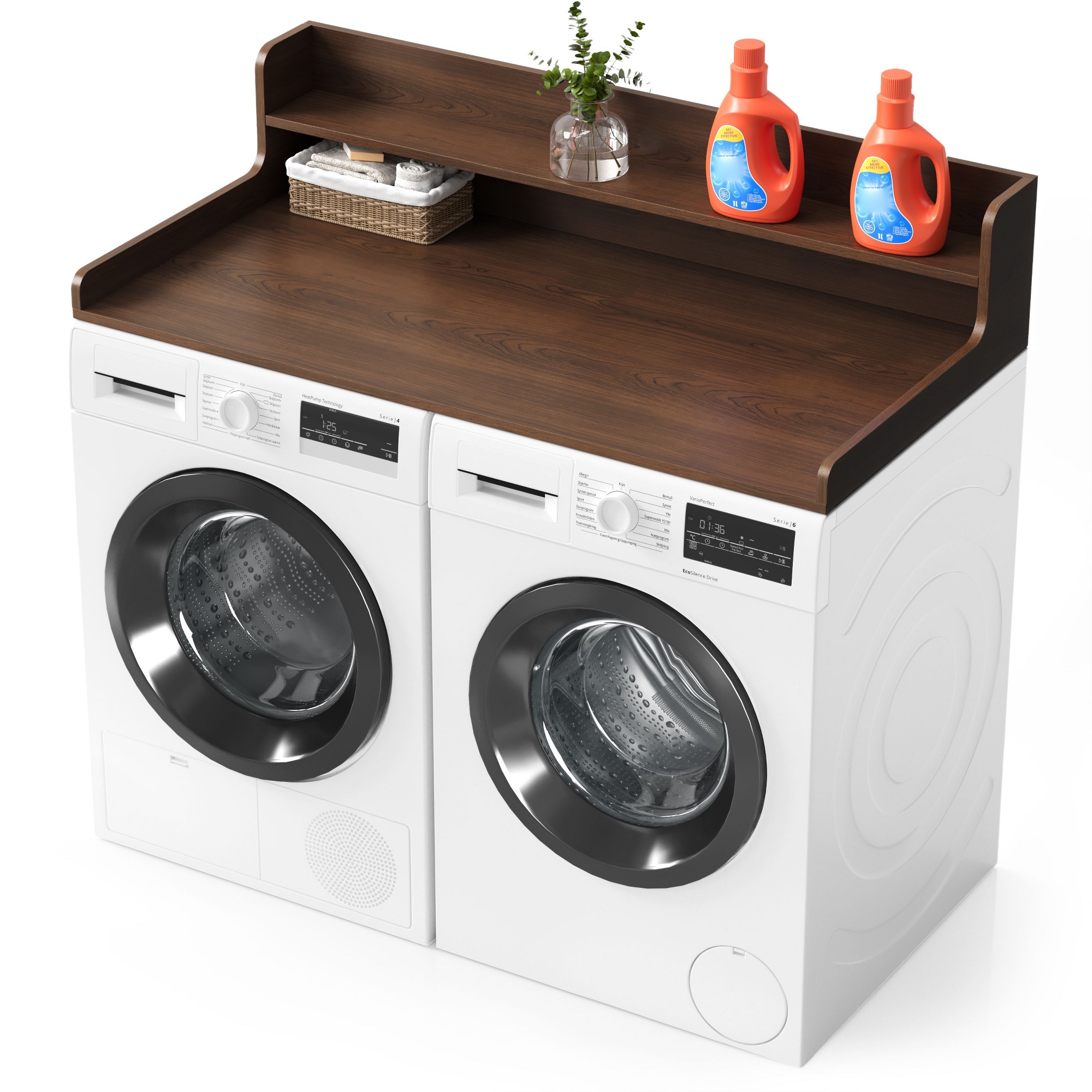 Washer Dryer Countertop with 2-Tier Shelf, 54" x 27.5" Wood Shelf Topper with Edge, Laundry Cover Guard Organizer for Hamper & Storage-Brown