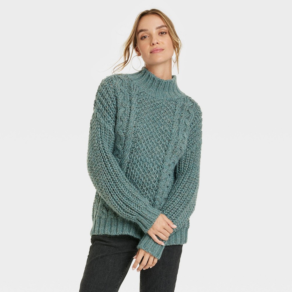 Women's Turtleneck Cable Knit Pullover Sweater - Universal Thread Teal Green XS