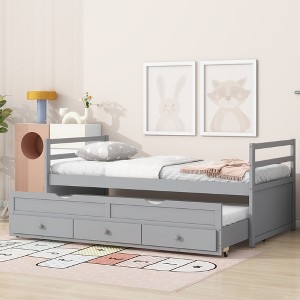 YOOCOZZ Twin Size Pine Wood Bed with Headboard, Footboard,Trundle and Three Storage Drawers - 1 of 4
