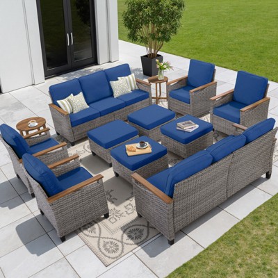 Buenhomino 12-Piece Outdoor Patio Set – 4 Single Chairs, 2 Sofas, 2 Side Tables & 4 Ottomans, All-Weather Wicker with Cushions, Beige