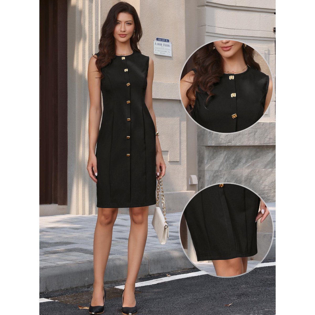 Женские платья INSPIRE CHIC Women's Sleeveless Crew Neck Button Decro Front Pleated Work Sheath Midi Dresses X-Large Black — фото 2