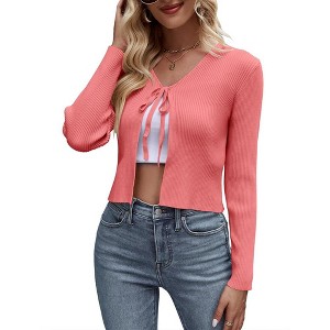 Womens Tie Front Sweater Cardigan Long Sleeve Rib Knit Shrug for Dress Sweaters Crop Tops Womens Soft Cardigan - 1 of 4