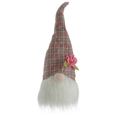 Northlight 20" Pink and White Plaid Spring Gnome Head Table Top Decor