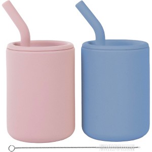 WeeSprout Silicone Baby Cups With Straws and Lids, 4 & 8 oz Options, Set of 2, Food Grade Toddler Training Container, Built In Straw Stoppers - 1 of 4