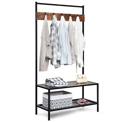 Brown 4-in-1 Entryway Coat Rack with Shoe Bench and Hutch, Vintage Industrial Wood Accent Furniture with Metal Frame