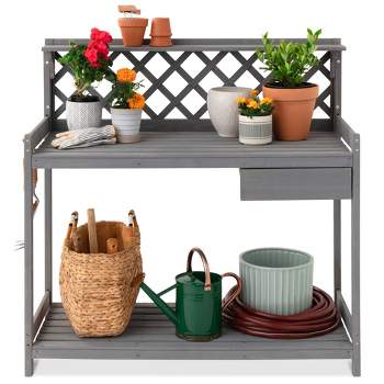 Best Choice Products Outdoor Wooden Garden Potting Bench, Workstation Table w/ Cabinet Drawer, Open Shelf