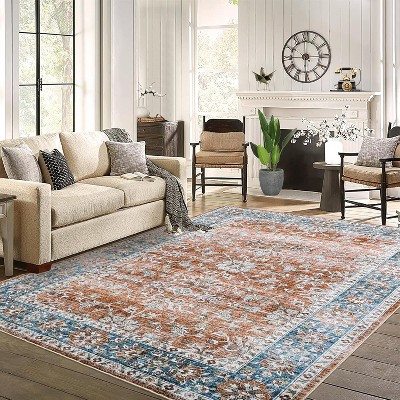 Vintage Floral Rug – Washable Low-Pile Non-Slip Non-Shedding Carpet,Stain-Resistant Foldable Floor Cover for Living Room,Nursery, Bedroom