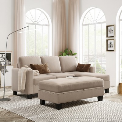 81" Reversible Linen Fabric Sectional Couch with Storage Chaise/Ottoman, L-Shaped Nailhead Sofa Set, Warm Gray 4W - ModernLuxe