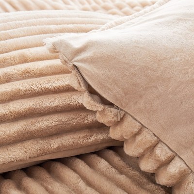 Camel Ribbed Flannel Down Alternative Comforter Set, Queen