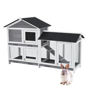 58'' Bunny Hutch Indoor with 3 Leak-Proof Trays, Wooden Waterproof Roof Rabbit Hutch Indoor - 1 of 4