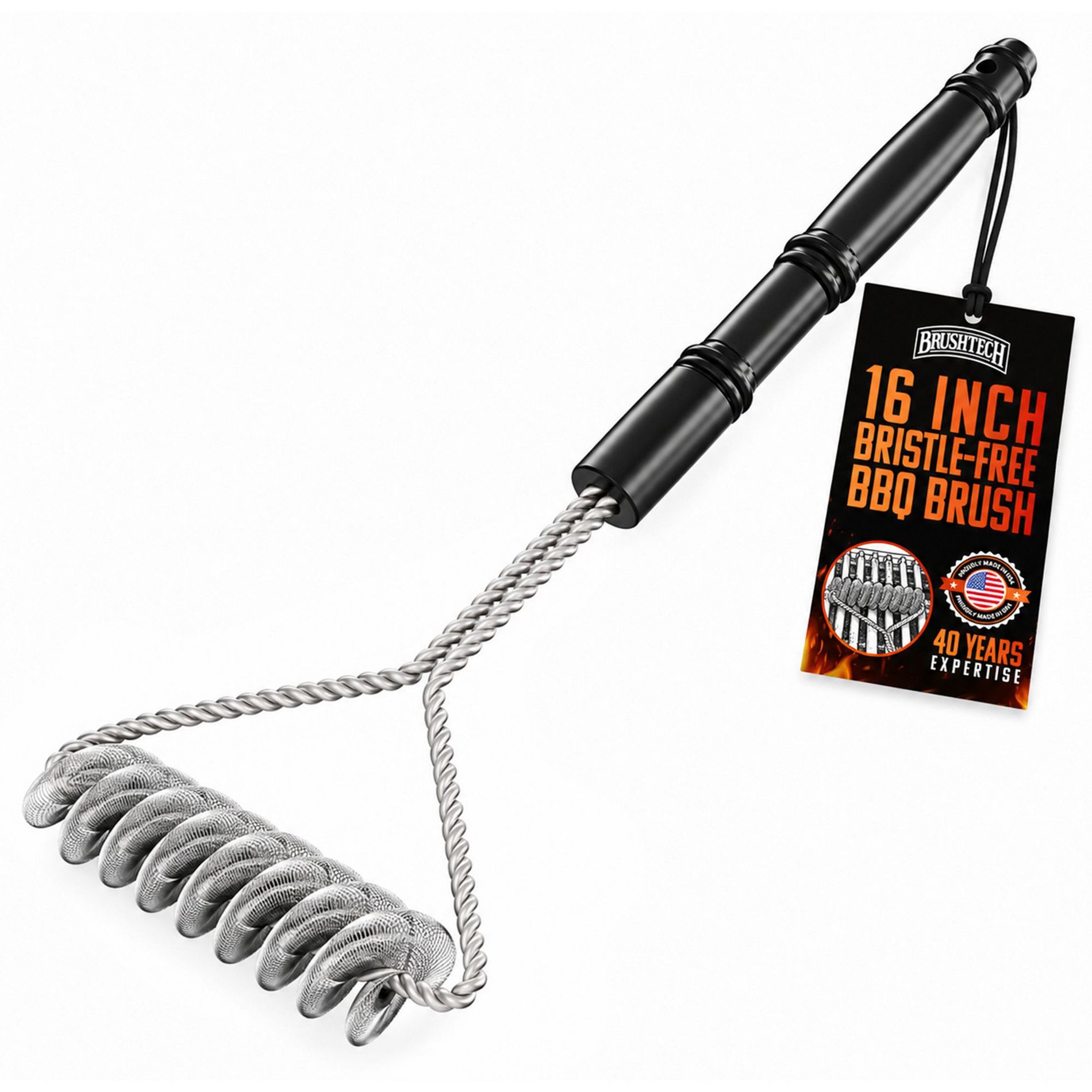 Brushtech 16" Quad Spring Safety Grill Brush - Long-Handle Grill Cleaning Brush for Gas & Charcoal Grills - Must-Have BBQ Tools, Made in USA