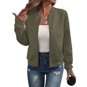 BLUEMING Womens Bomber Jackets Casual Stand Collar Zip Up Textured Lightweight Jackets Outfits with Pockets - 1 of 4
