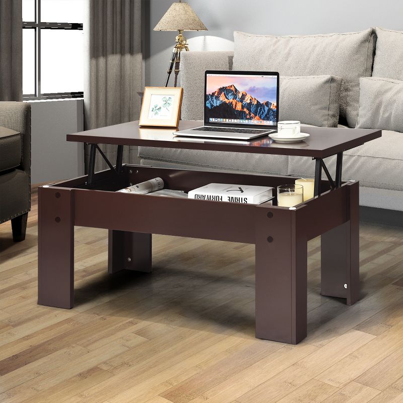 Costway Lift Top Coffee Table Pop-UP Cocktail Table w/Hidden Compartment & Shelf White\ Brown, 2 of 11