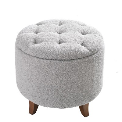 GlasFlength Ottomans and Benches Round Plush Storage Ottoman with Wooden Legs Simple Design for Cozy Living Spaces, Gray, 21.65"*21.65"*14.37"