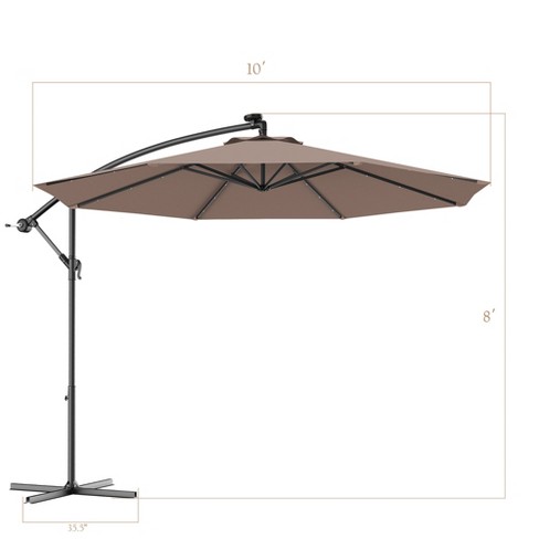 10' Hanging Solar LED Umbrella Patio Sun Shade Outdoor Market W/Base Tan 