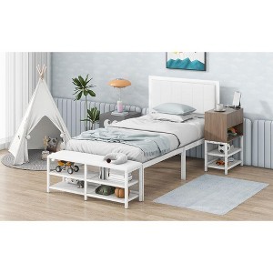 Okak Twin Size Cotemporary Metal Platform Bed Frame with Wooden Storage Cabinet & Two-Tier Storage Shelves Easy to Assemble, White - 1 of 4